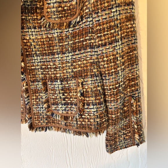 Vintage TAHARI Brown Wool Blend Tweed Plaid Knit Raw Hem Fringe Blazer Jacket - Picture 9 of 12